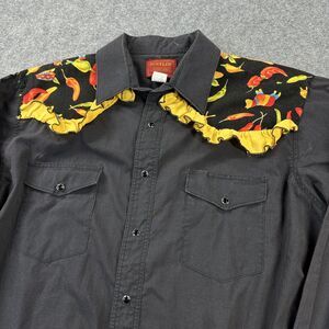 Vintage Rustler Shirt Mens XL Black Western Chili Pepper Novelty Ruffle Snap 90s